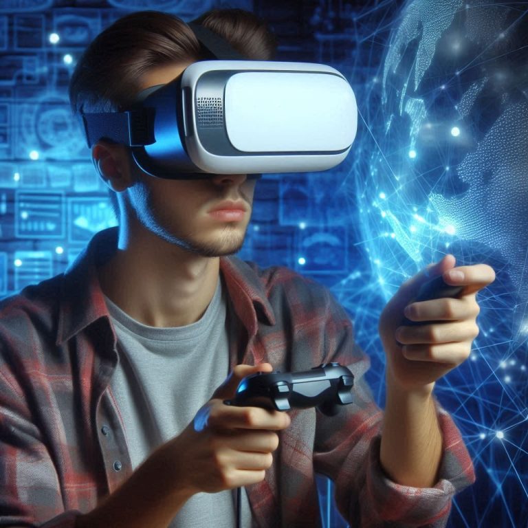 Entertainment Homme portant un casque de réalité virtuelle, tenant une manette et pointant du doigt.