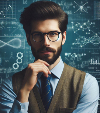 Data Scientist Homme en costume et lunettes, pensant, avec des graphiques et des données en arrière-plan.