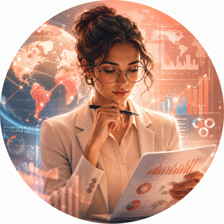 Solutions Femme en tenue professionnelle, analysant des données avec un globe derrière elle.
