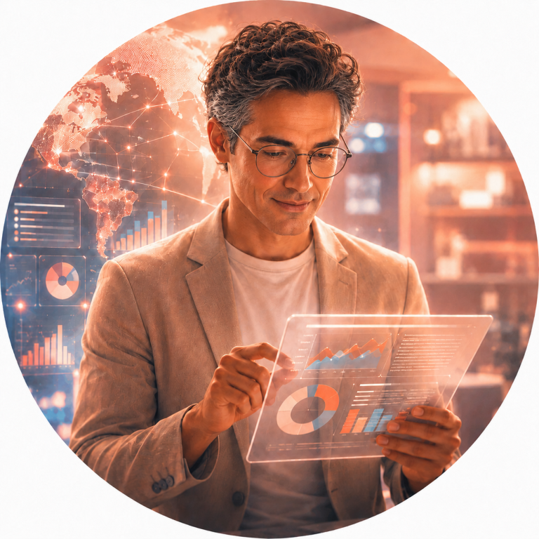 Publications Homme d'affaires souriant utilisant une tablette avec des graphiques en arrière-plan.